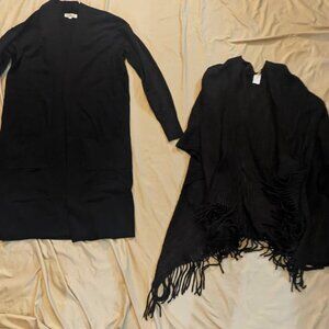 Black Long Open Front Sweater MEDIUM AND Black Open Wrap Shawl Cape OS